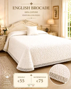 Copriletto broccato bianco finitura con pizzo